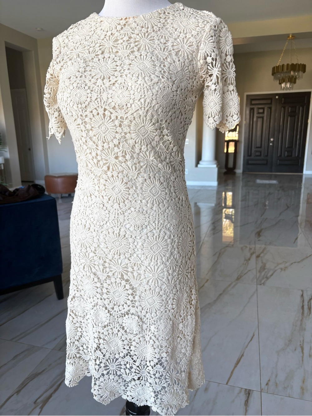 Tory Burch $498 Cream Crochet Lace Trixy Midi Dress Elegant Cream Dress S 2